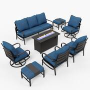 Metal 9 Seat 8-Piece Outdoor Patio Conversation Set with Peacock Blue Cushions Swivel Chairs Rectangular Fire Pit Table