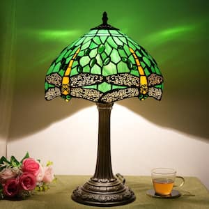 19 in. Tiffany Style Bronze Finish Table Lamp with Green Dragonfly Stained Glass Lamp Shade