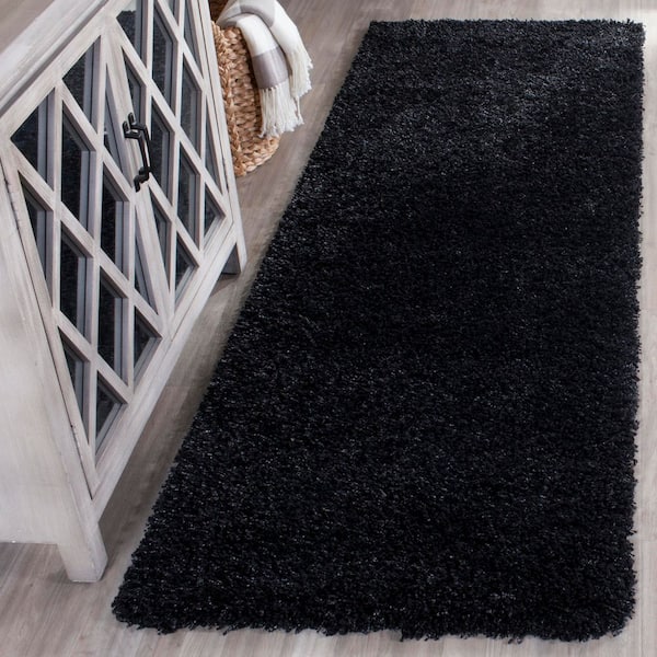 Shag 2 ft. x 19 ft. Black/Ivory Solid Runner Rug