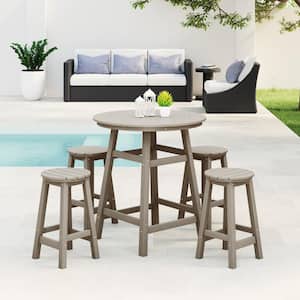 Laguna 5-Piece Counter Height HDPE Plastic Outdoor Patio Round High Top Bistro Dining Set in Weathered Wood