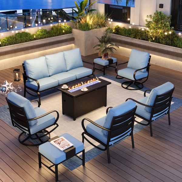 PHI VILLA 9 Seat 8-Piece Metal Outdoor Patio Conversation Set with Blue Cushions, Swivel Chairs, Rectangular Fire Pit Table