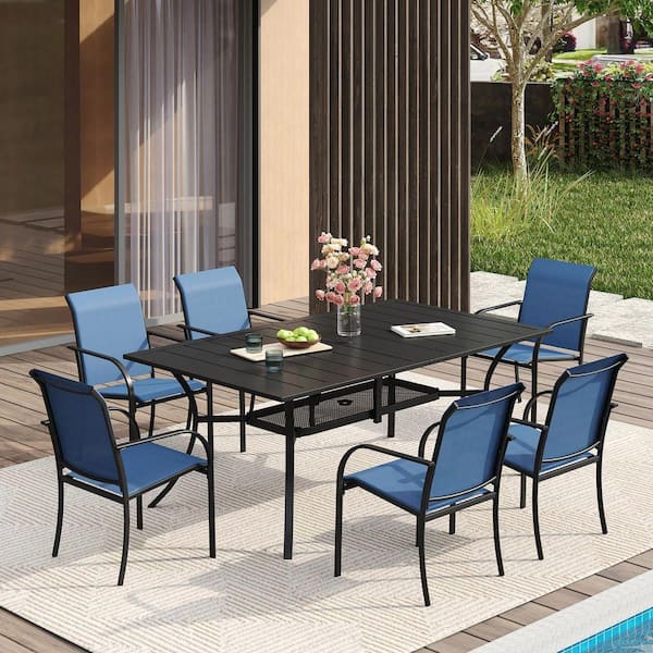 7-Piece Metal Outdoor Dining Set with Black Rectangular Table and 6 Blue Dining Chairs
