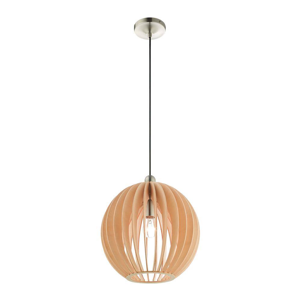 Mini Globe Brushed Nickel Pendant with Round Wood Shade