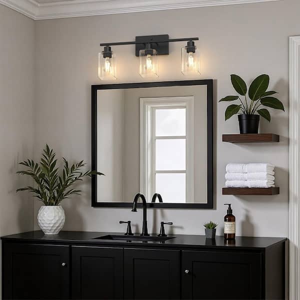 24 in. 3 Light Matte Black Vanity Light with Clear Square Glass Shades for Industrial Bathroom Decor