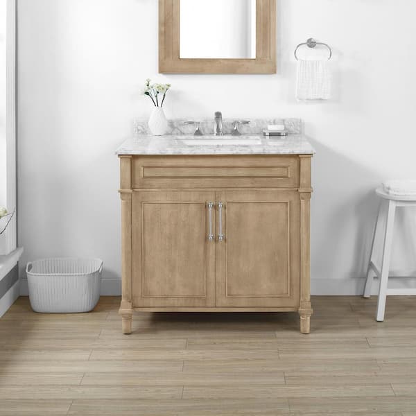 Home Decorators Collection Aberdeen 36 in. Single Sink Freestanding Antique Oak Bath Vanity with Carrara Marble Top (Assembled)