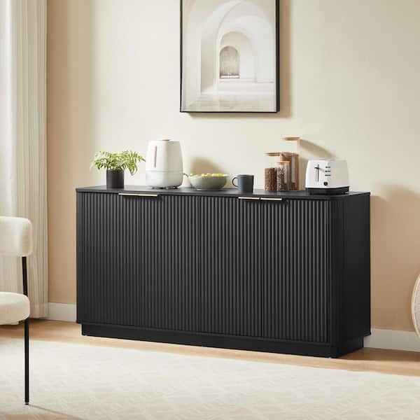 Merrick Black Wood 63 in. Stripe Buffet Sideboard 4-Doors Accent Storage Cabinet, Particle Board