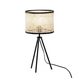 1-Light 21 in. Black Metal Legs and Rattan Woven Lampshade Table Lamp, Bedside Lights, Nightstand Lamps