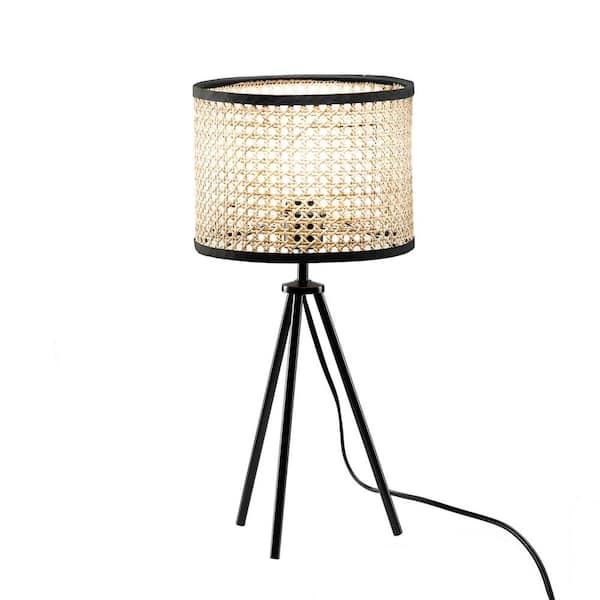 Jushua 1-Light 21 in. Black Metal Legs and Rattan Woven Lampshade Table Lamp, Bedside Lights, Nightstand Lamps