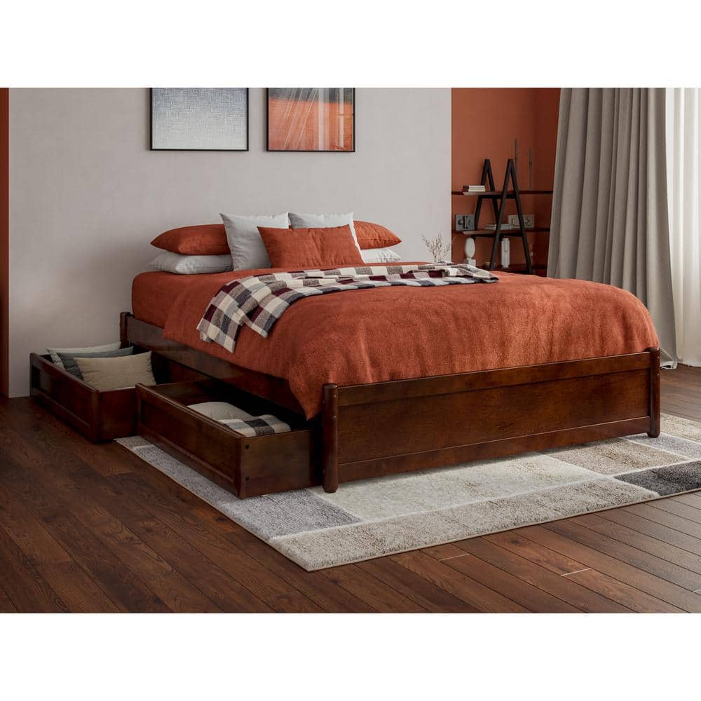 Barcelona Walnut Full Wood Panel Platform Bed with Storage Drawers
