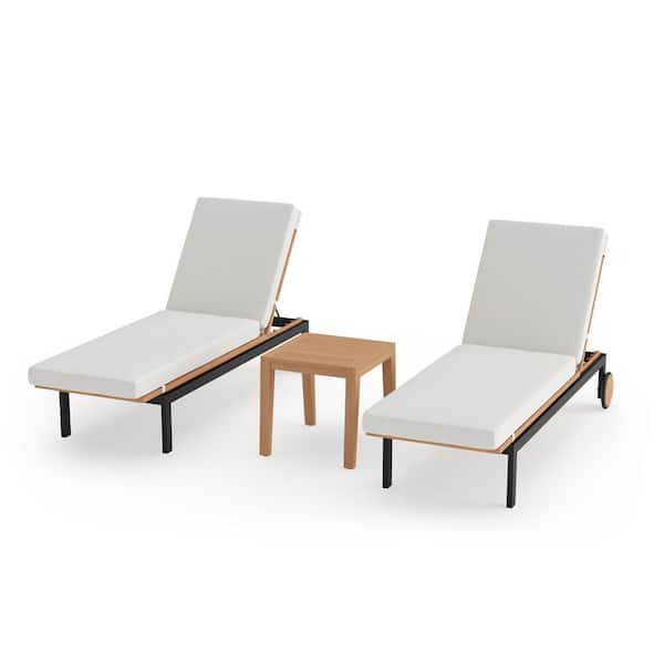 NewAge Products Rhodes 3 Piece Teak Outdoor Lounge Chair and Side Table in Canvas Natural Cushions