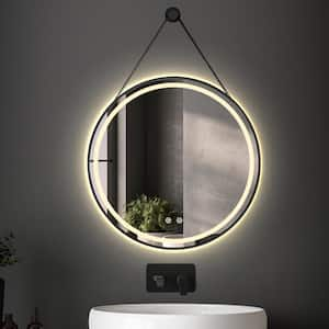 30 in. W x 30 in. H LED Round Mirror ​Framed Wall Bathroom Vanity Mirror with Hanging Leather Cord