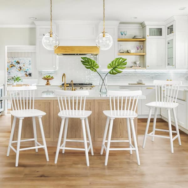 Windsor 24 in. White Solid Wooden Bar Stool for Kitchen Island Counter Height Stool with Spindle Back Set of 4