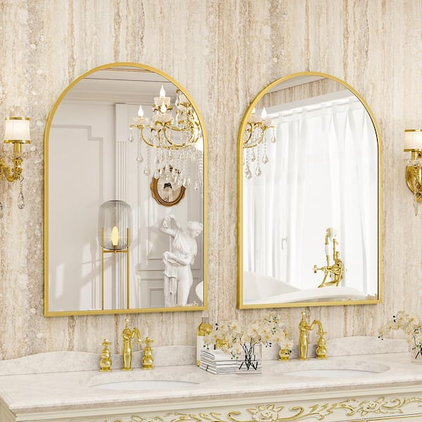 24.1 in. W x 35.8 in. H Arch Metal Framed Wall Bathroom Vanity Mirror Gold