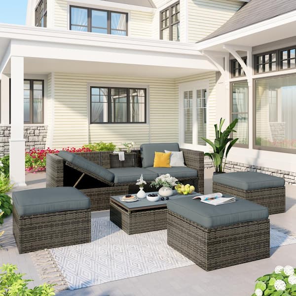 Unbranded 5-Piece Wicker Outdoor Sectional Sofa with Adjustable Backrest, Gray Cushions, Ottomans and Lift Top Coffee Table