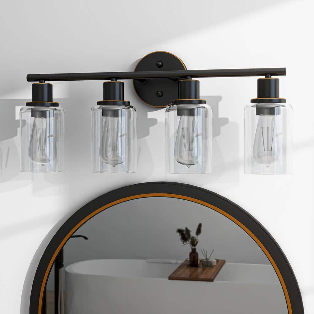 Oil Rubbed Bronze 4-Light Bathroom Vanity Fixture with Clear Glass Shades