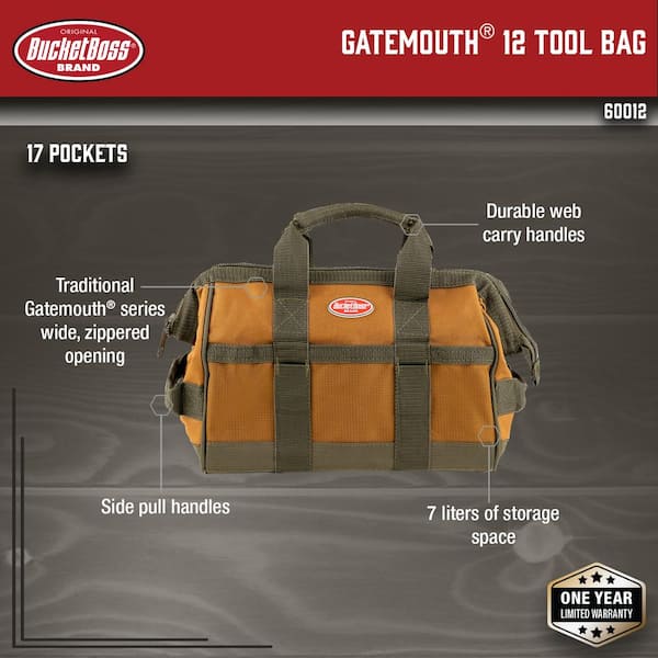 12 in. Gatemouth Tool Bag with zippered top and 16 Total Pockets