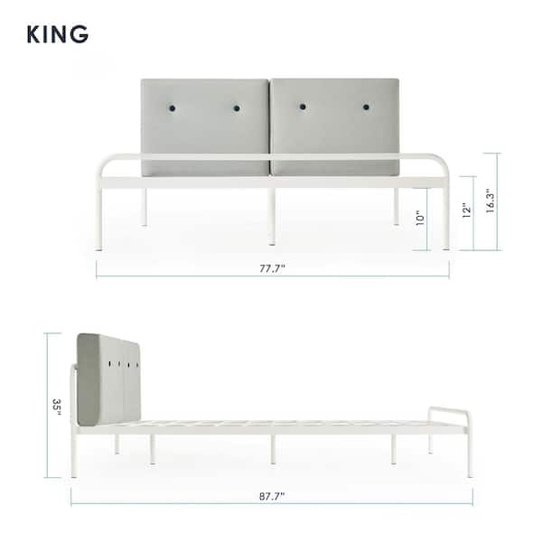 Mellow Maggie Metal Platform Bed with Upholstered Cushion Headboard, Steel Slats, Sky Gray, King