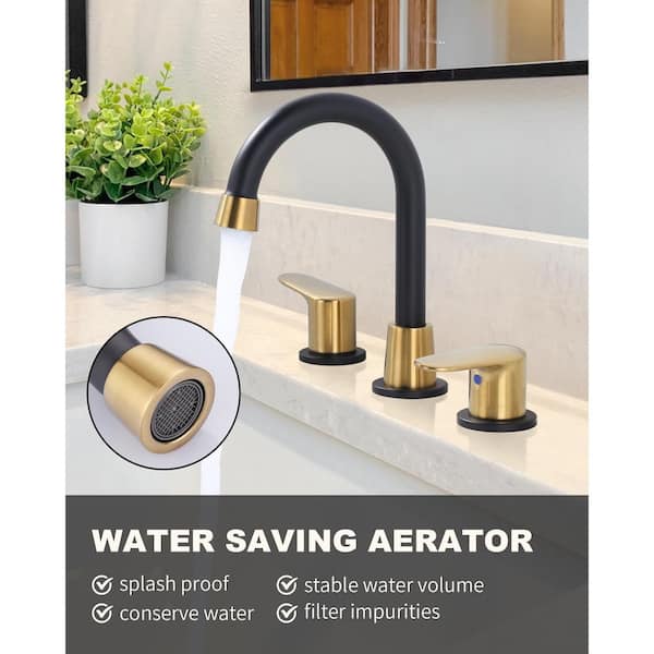 8 in. Widespread Double Handle Bathroom Faucet with 2-Aerators, Pop Up Drain and Supply Lines in Black and Gold
