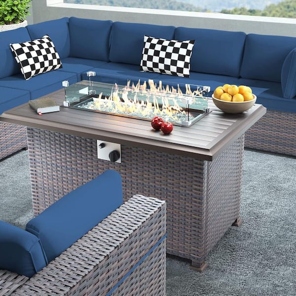 15 Pieces Wicker Patio Conversation Set with Glass Coffee Table, Fire Pit Table and Navy Blue Cushions