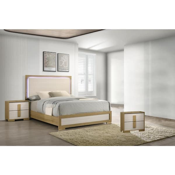 Best Quality Furniture Alissa 3-Piece Natural-White Color Wood Frame Eastern King Panel Bedroom Set with 2-Nightstands