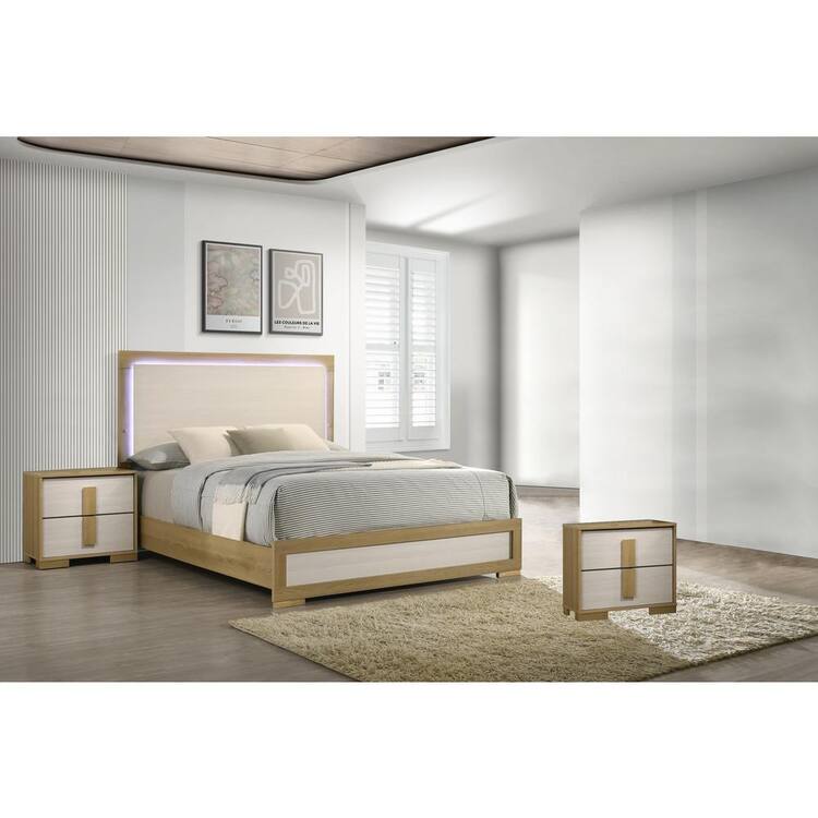 Best Quality Furniture Alissa 3-Piece Natural-White Color Wood Frame Queen Panel Bedroom Set with 2-Nightstands