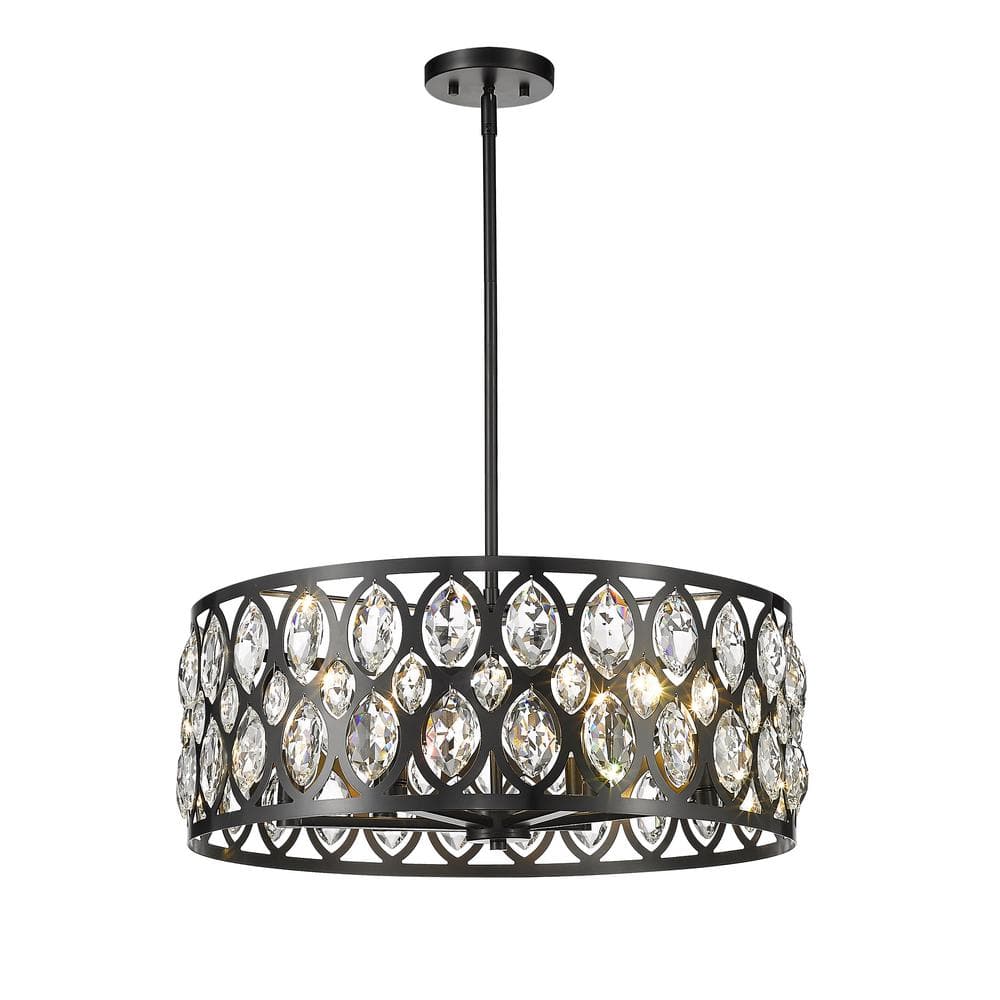 Ellipse-Carved Steel and Crystal 6-Light Chandelier in Matte Black