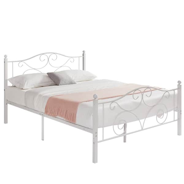 VECELO Bed Frame White Metal Frame Queen Size Platform Bed
