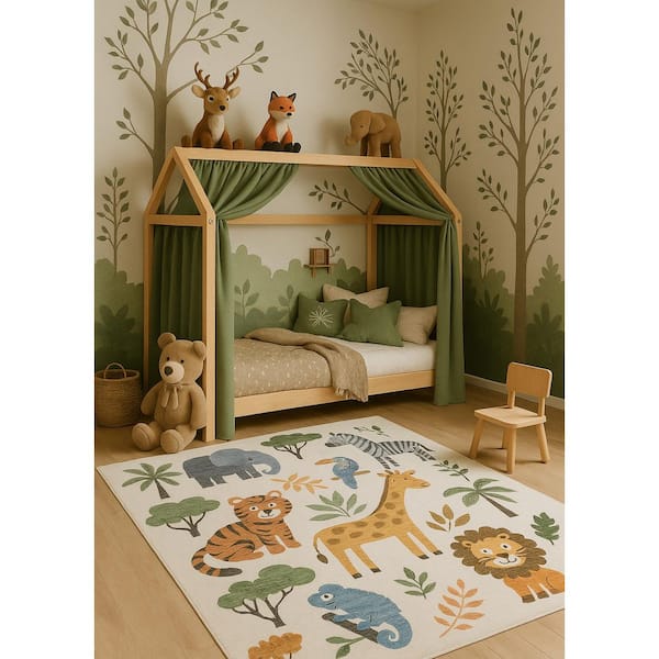 Soft Steps Playtime White Beige 4 ft. x 6 ft. Cartoon Animals, Area Rug