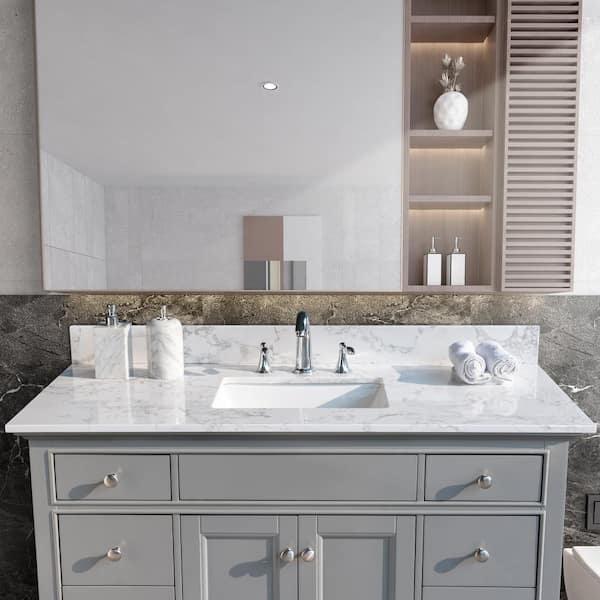 49 in. W x 22 in D Engineered Stone Composite White Rectangular Single Sink Vanity Top in Calacatta White