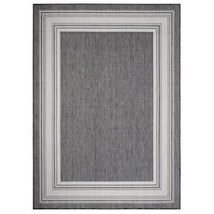 Frame Gray / White 7 ft. 6 in. x 9 ft. 5 in. Striped Bordered Polypropylene Indoor/Outdoor Area Rug