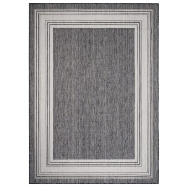 Unbranded Frame Gray / White 7 ft. 6 in. x 9 ft. 5 in. Striped Bordered Polypropylene Indoor/Outdoor Area Rug