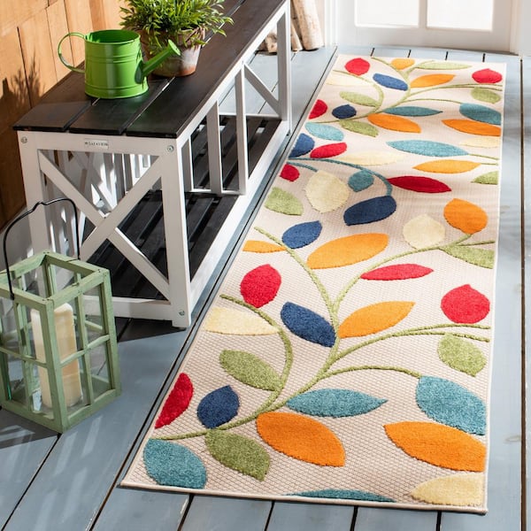 Cabana Ivory/Green 2 ft. x 11 ft. Scroll Leaf Indoor/Outdoor Runner Rug