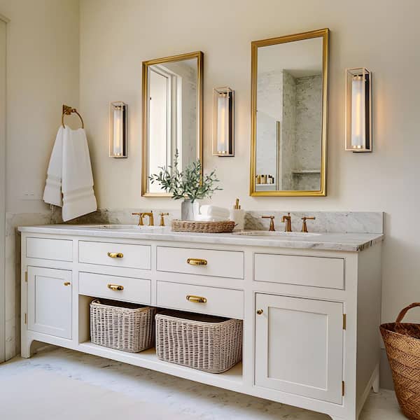 1-Light Dark Gold Modern Wall Sconce, Tube Frosted Glass Black Wall Light, Farmhouse Geometric Bathroom Vanity Light