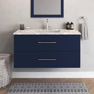 Napa 48 in. W x 22 in. D Single Sink Bathroom Vanity Wall Mounted in Navy Blue with Carrera Marble Countertop