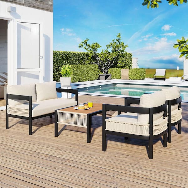 4-Piece Metal Frame Outdoor Sofa Conversation Set with Table, Rattan Decoration, Suitable for Patio, Garden, Backyard