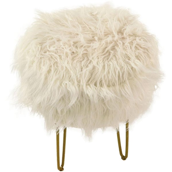 Critter Sitters White Faux Fur Vanity Stool with Gold Base