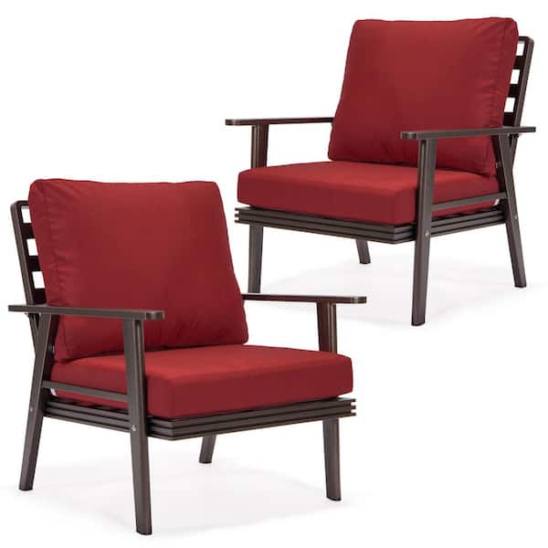 Leisuremod Walbrooke Modern Outdoor Arm Chair with Brown Powder Coated Aluminum Frame and Removable Cushions for Patio (Red)