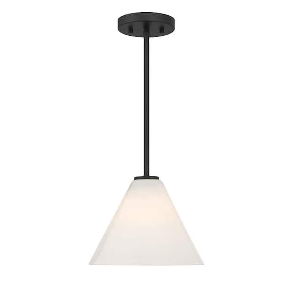 Blair 60-Watt 10 in. W x 7.75 in. H 1-Light Matte Black Mini Pendant Light or Semi-Flush Mount with Strie Glass Shade
