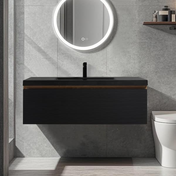 47.2 in. Wall-Mounted Floating Bath Vanity with Single Black Quartz Sink Top in Natural Oak and Black Assembled