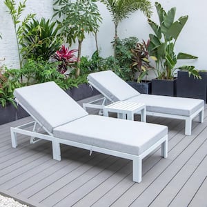 Chelsea Modern White Aluminum Outdoor Patio Chaise Lounge Chair with Side Table and Light Grey Cushions Set of 2