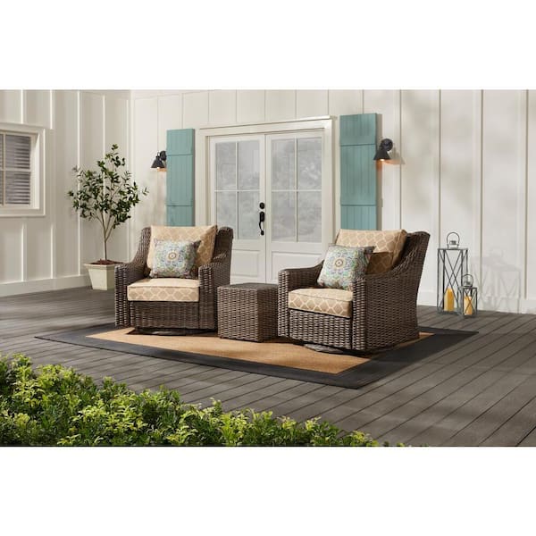Hampton Bay Rock Cliff Brown 3-Piece Wicker Outdoor Patio Seating Set with CushionGuard Toffee Trellis Tan Cushions