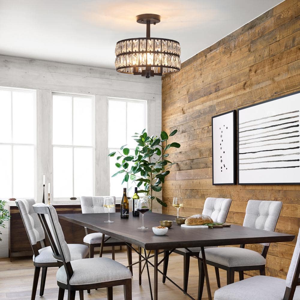 Black Metal and Crystal Drum Semi-Flush Mount Ceiling Light