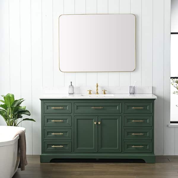 SUDIO Thompson 60 in. W x 22 in. D Bath Vanity in Evergreen with Engineered Stone Top in Carrara White with White Sink