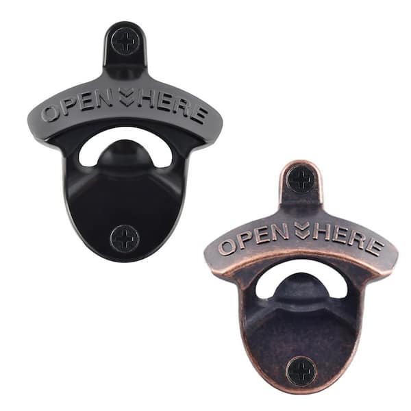 Wall Mounted Stainless Bottle Opener Set with Black and Rustic Copper OPEN HERE Design