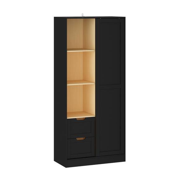 Black and Wood Grain 70.9 in. Height Wooden Bar Wine Cabinet, Sideboard w/ 2-Drawers, 5-Shelves and A Sliding Rail Door