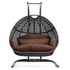 2-Person Charcoal Wicker hanging Double Egg Porch Swing Chair with Stand and Dark Brown Cushions