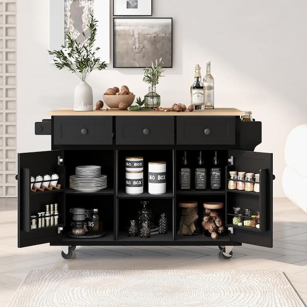 Unbranded Black Rubber Wood Desktop 53 in. W Kitchen Island on 5-Wheels with Storage Cabinet and 3-Drawers