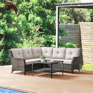 Carolina 4-Piece Brown Wicker Outdoor Patio Sectional Sofa Set with Beige Cushions and Coffee Table