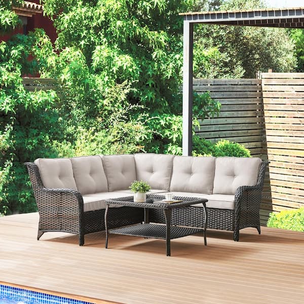Carolina 4-Piece Brown Wicker Outdoor Patio Sectional Sofa Set with Beige Cushions and Coffee Table