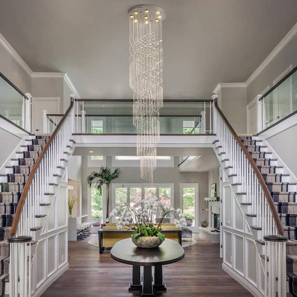 9-Light Modern Chrome High Ceiling Crystal Chandelier for Staircase Foyer Living Room